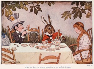 tea party scene with Alice, a rabit, and the Mad Hatter
